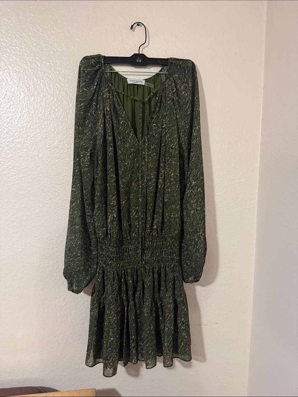 Ramy Brook Olive Speckled Long Sleeve V-Neck Smocked Dress drop waist Sz M - Picture 2 of 9